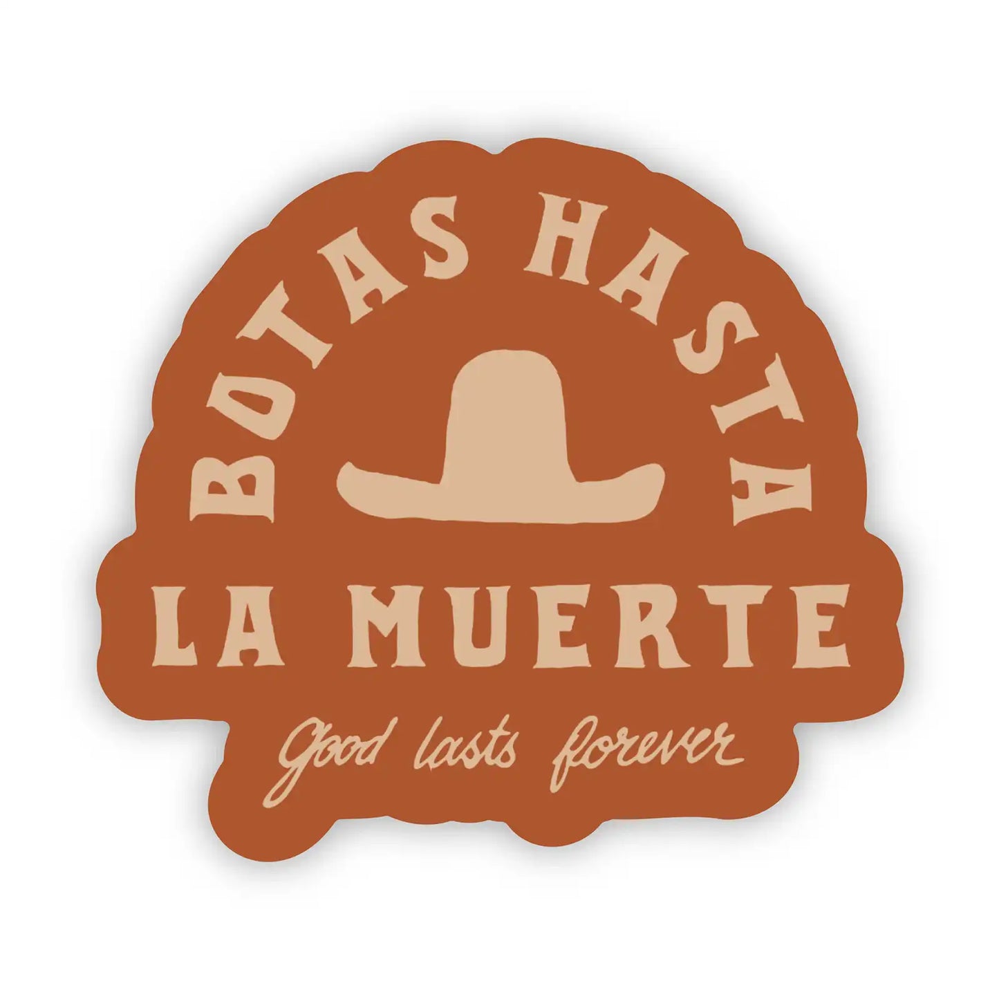 Botas Hasta La Muerte yellow skeleton sticker with bold skelly design measuring 3.4 by 4 inches.