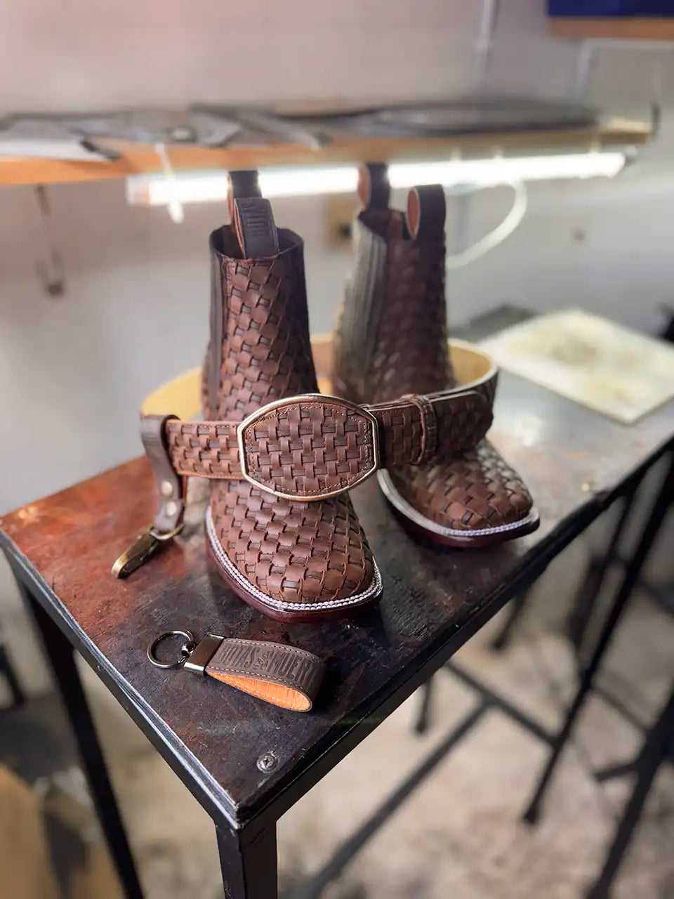 Botas Hasta La Muerte square toe Petatillo Chelsea boots with hand woven leather uppers handcrafted in León Mexico.