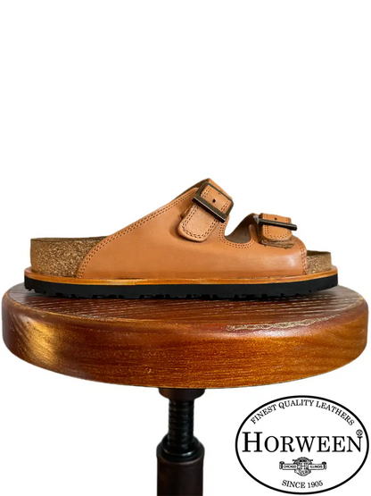 Botas Hasta La Muerte natural Horween Essex leather huaraches with cork footbed and Vibram sole handcrafted in León Mexico.