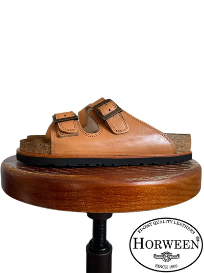 Botas Hasta La Muerte natural Horween Essex leather huaraches with cork footbed and Vibram sole handcrafted in León Mexico.