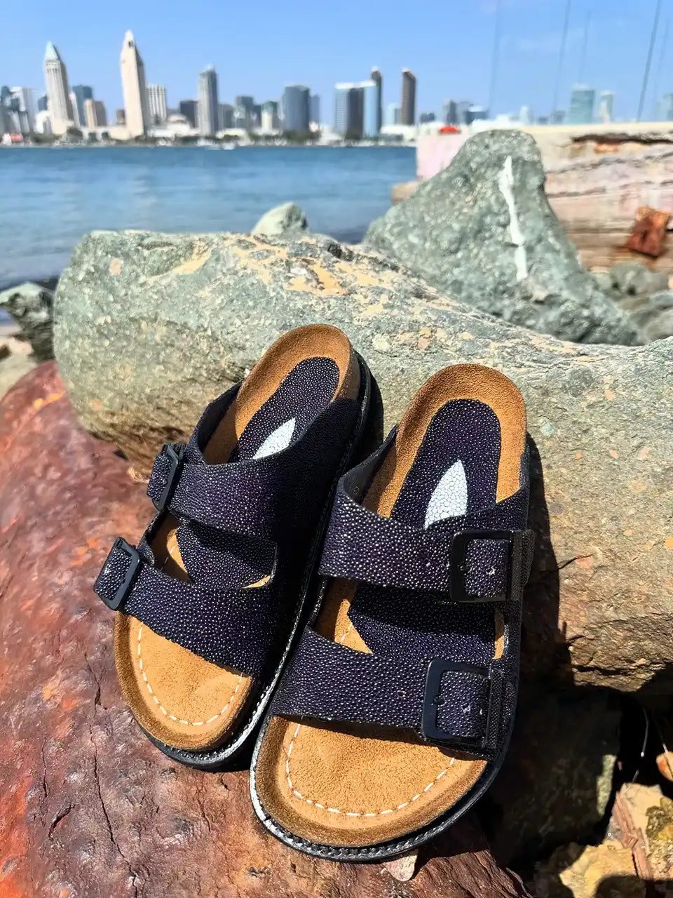 Botas Hasta La Muerte navy pearl stingray huaraches with cork footbed and Vibram sole handcrafted in León Mexico.