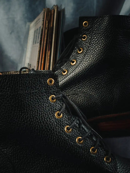 Botas Hasta La Muerte black pebble leather lace up boots with Goodyear welt handcrafted in León Mexico.
