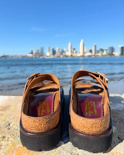 Botas Hasta La Muerte platform huaraches with cork footbed and Vibram soles handcrafted in León Mexico.