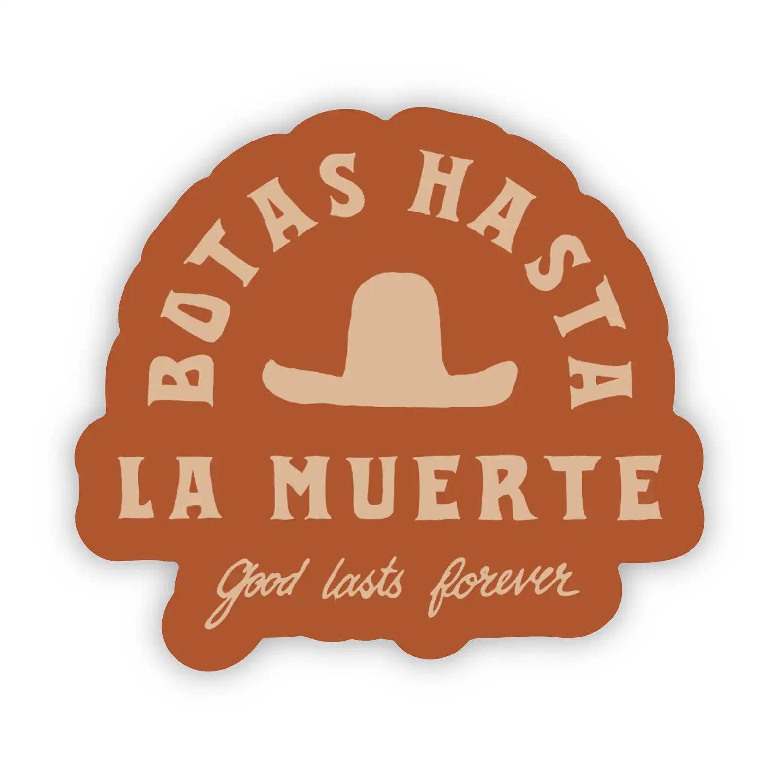 Botas Hasta La Muerte yellow skeleton sticker with bold skelly design measuring 3.4 by 4 inches.