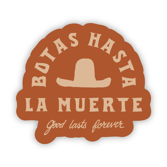 Botas Hasta La Muerte yellow skeleton sticker with bold skelly design measuring 3.4 by 4 inches.