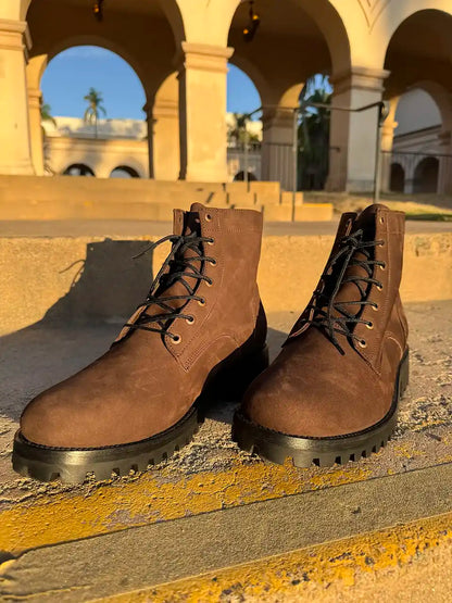 Botas Hasta La Muerte dark brown suede leather lace up boots with Goodyear welt handcrafted in León Mexico.