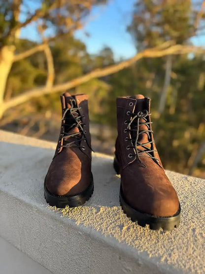 Botas Hasta La Muerte dark brown suede leather lace up boots with Goodyear welt handcrafted in León Mexico.