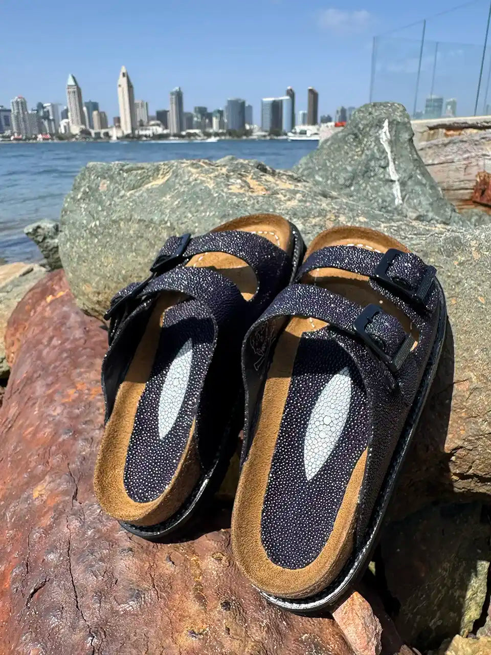 Botas Hasta La Muerte navy pearl stingray huaraches with cork footbed and Vibram sole handcrafted in León Mexico.