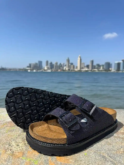 Botas Hasta La Muerte navy pearl stingray huaraches with cork footbed and Vibram sole handcrafted in León Mexico.