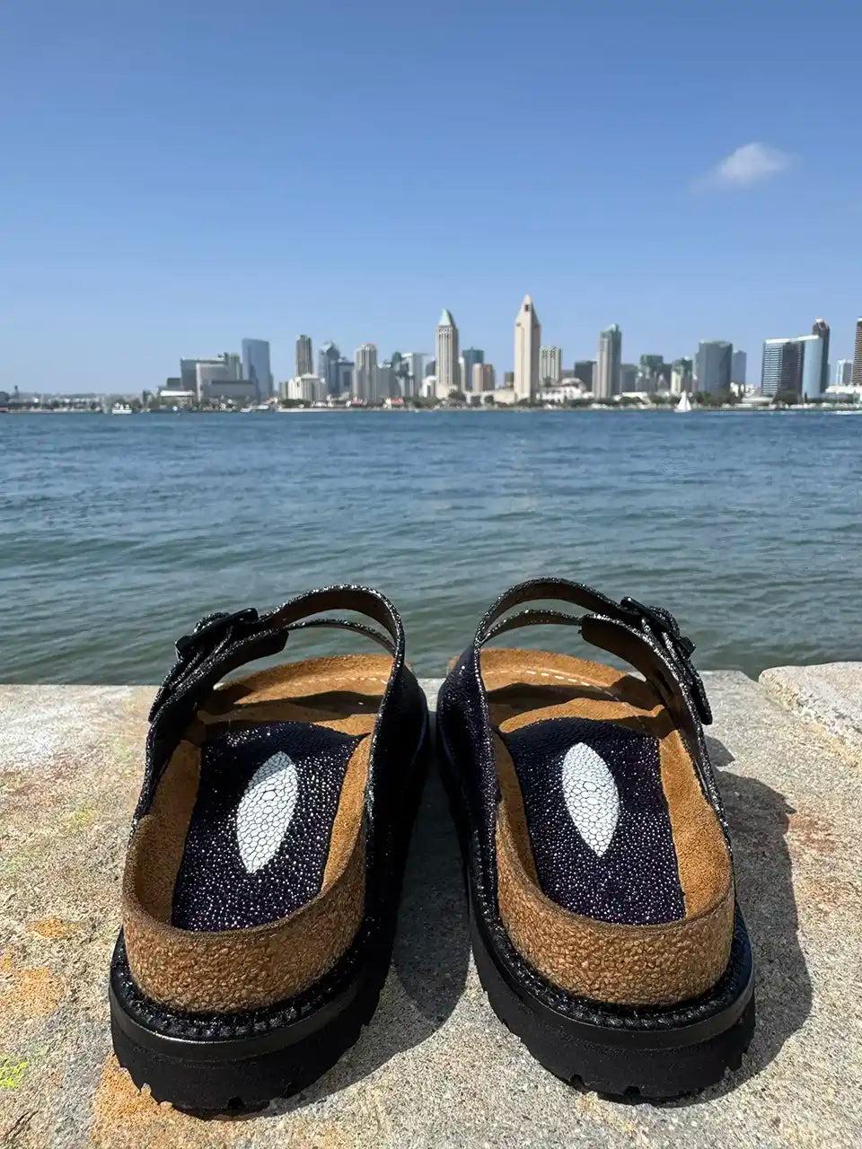 Botas Hasta La Muerte navy pearl stingray huaraches with cork footbed and Vibram sole handcrafted in León Mexico.