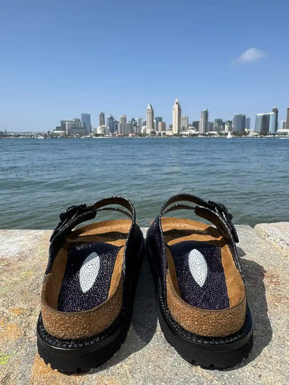 Botas Hasta La Muerte navy pearl stingray huaraches with cork footbed and Vibram sole handcrafted in León Mexico.