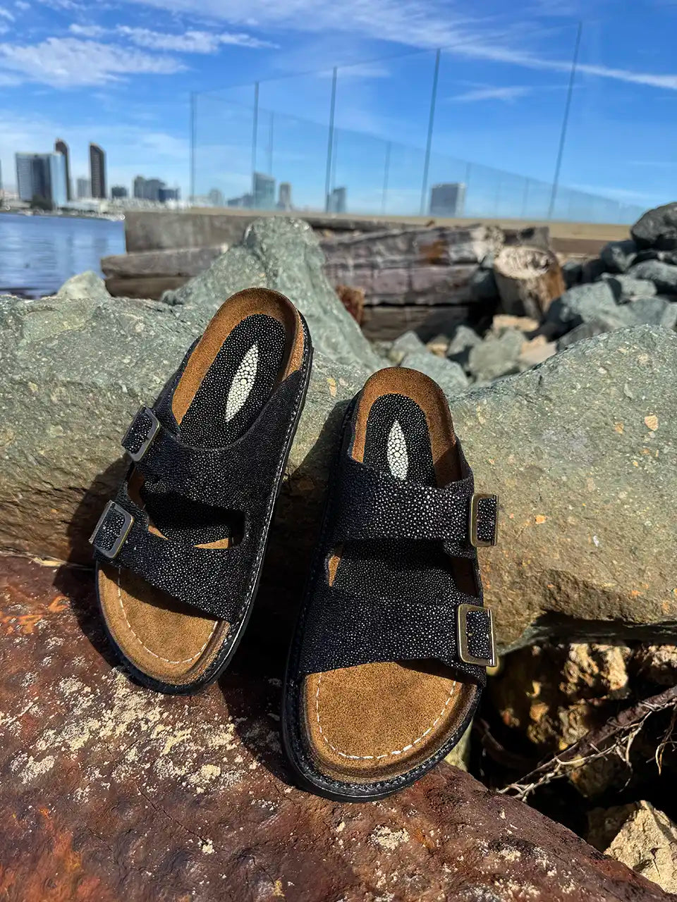 Botas Hasta La Muerte black pearl stingray huaraches with cork footbed and Vibram sole handcrafted in León Mexico.