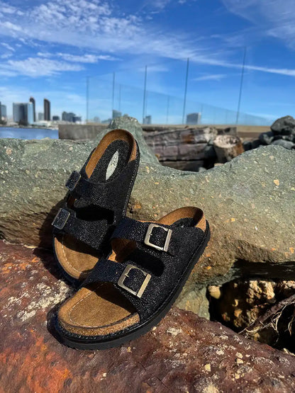 Botas Hasta La Muerte black pearl stingray huaraches with cork footbed and Vibram sole handcrafted in León Mexico.