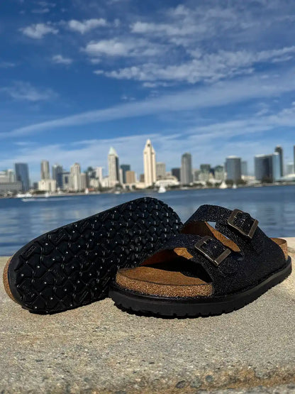 Botas Hasta La Muerte black pearl stingray huaraches with cork footbed and Vibram sole handcrafted in León Mexico.