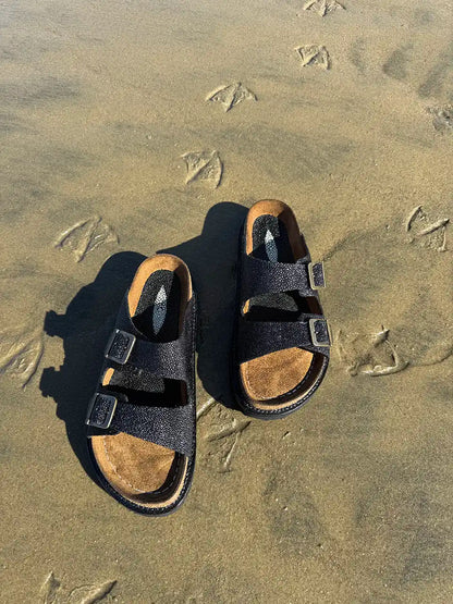 Botas Hasta La Muerte black pearl stingray huaraches with cork footbed and Vibram sole handcrafted in León Mexico.