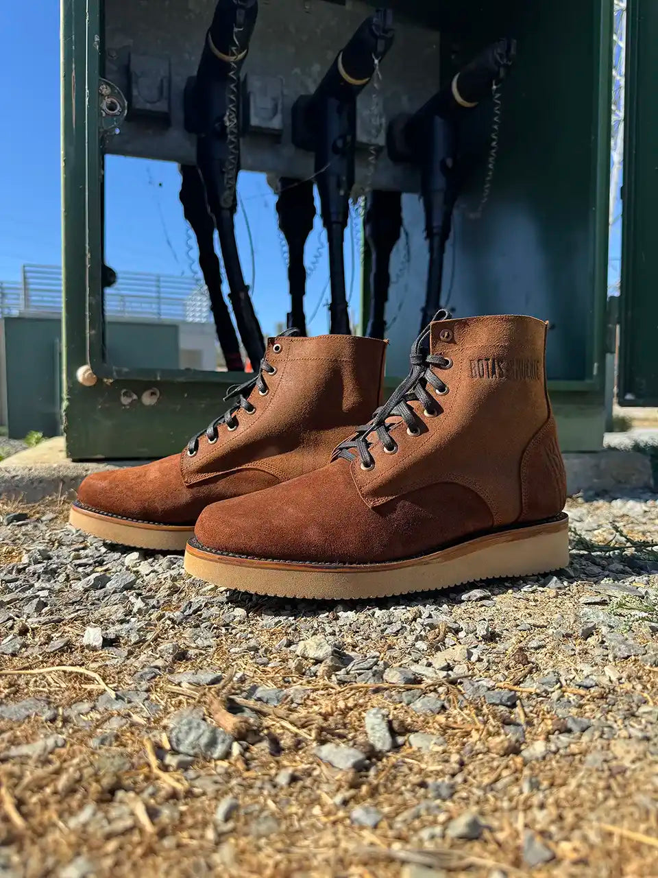 Botas Hasta La Muerte brown roughout leather lace up boots with Vibram wedge soles handcrafted in León Mexico.