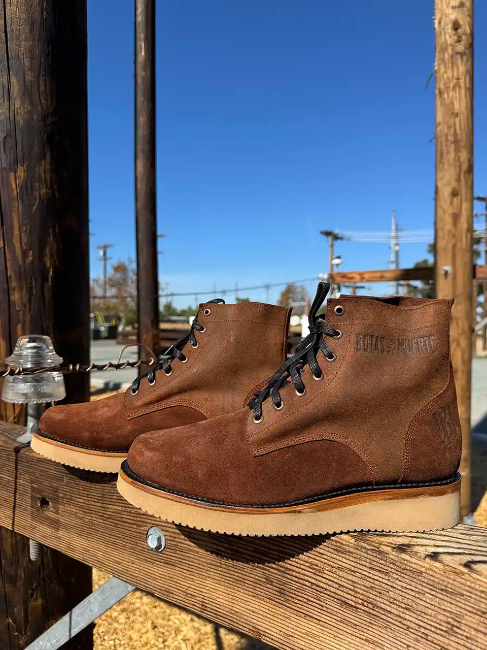Botas Hasta La Muerte brown roughout leather lace up boots with Vibram wedge soles handcrafted in León Mexico.