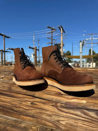 Botas Hasta La Muerte brown roughout leather lace up boots with Vibram wedge soles handcrafted in León Mexico.