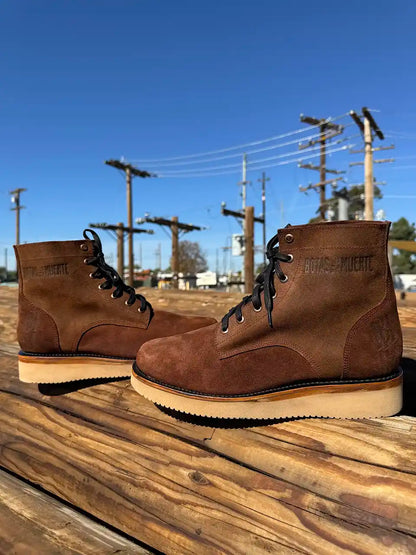 Botas Hasta La Muerte brown roughout leather lace up boots with Vibram wedge soles handcrafted in León Mexico.
