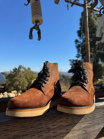 Botas Hasta La Muerte brown roughout leather lace up boots with Vibram wedge soles handcrafted in León Mexico.