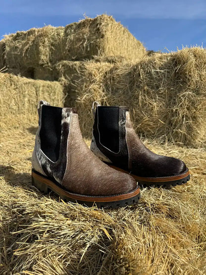 Botas Hasta La Muerte cowhide hair on hide Chelsea boots with lug soles handcrafted in León Mexico.