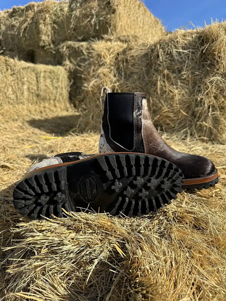 Botas Hasta La Muerte cowhide hair on hide Chelsea boots with lug soles handcrafted in León Mexico.