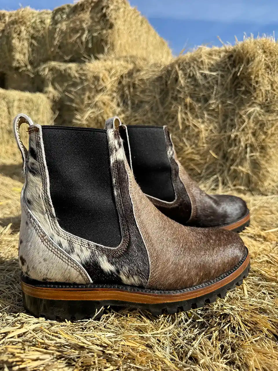 Botas Hasta La Muerte cowhide hair on hide Chelsea boots with lug soles handcrafted in León Mexico.