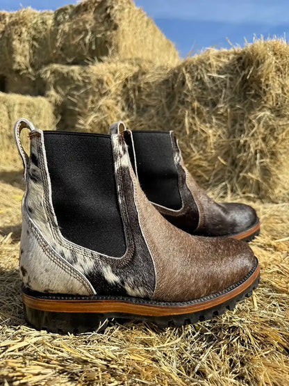 Botas Hasta La Muerte cowhide hair on hide Chelsea boots with lug soles handcrafted in León Mexico.