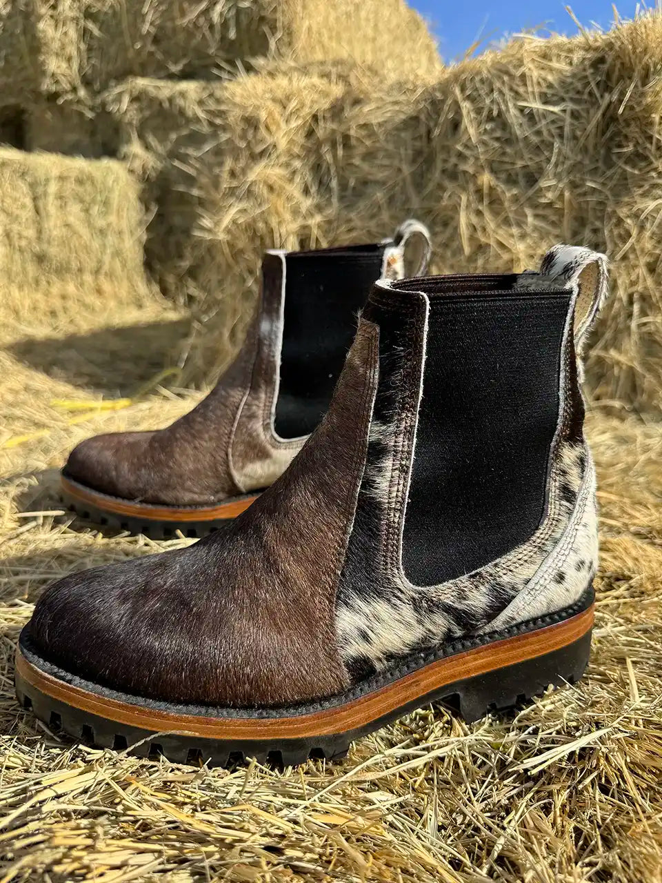 Botas Hasta La Muerte cowhide hair on hide Chelsea boots with lug soles handcrafted in León Mexico.