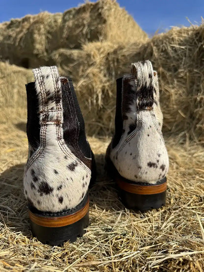 Botas Hasta La Muerte cowhide hair on hide Chelsea boots with lug soles handcrafted in León Mexico.