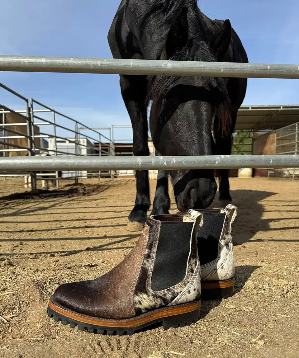 Botas Hasta La Muerte cowhide hair on hide Chelsea boots with lug soles handcrafted in León Mexico.