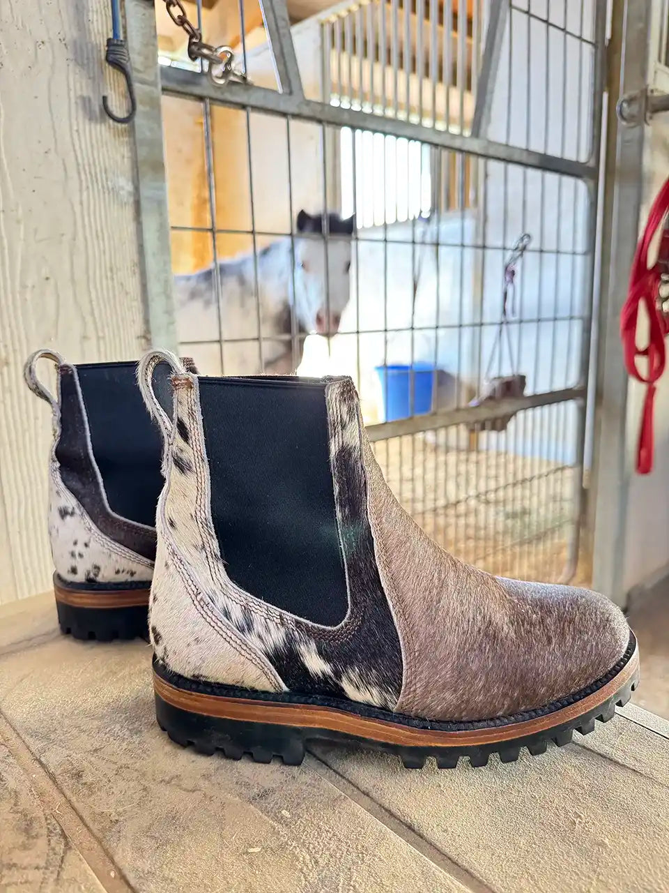 Botas Hasta La Muerte cowhide hair on hide Chelsea boots with lug soles handcrafted in León Mexico.