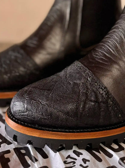 Botas Hasta La Muerte chrome tanned leather Chelsea boots with custom toecaps handcrafted in León Mexico.