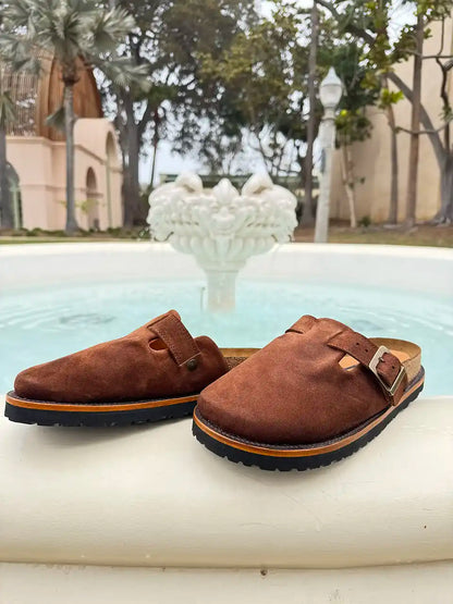 Botas Hasta La Muerte brown roughout cowhide clogs with cork footbed and Vibram sole handcrafted in León Mexico.
