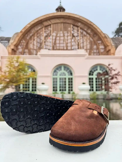 Botas Hasta La Muerte brown roughout cowhide clogs with cork footbed and Vibram sole handcrafted in León Mexico.