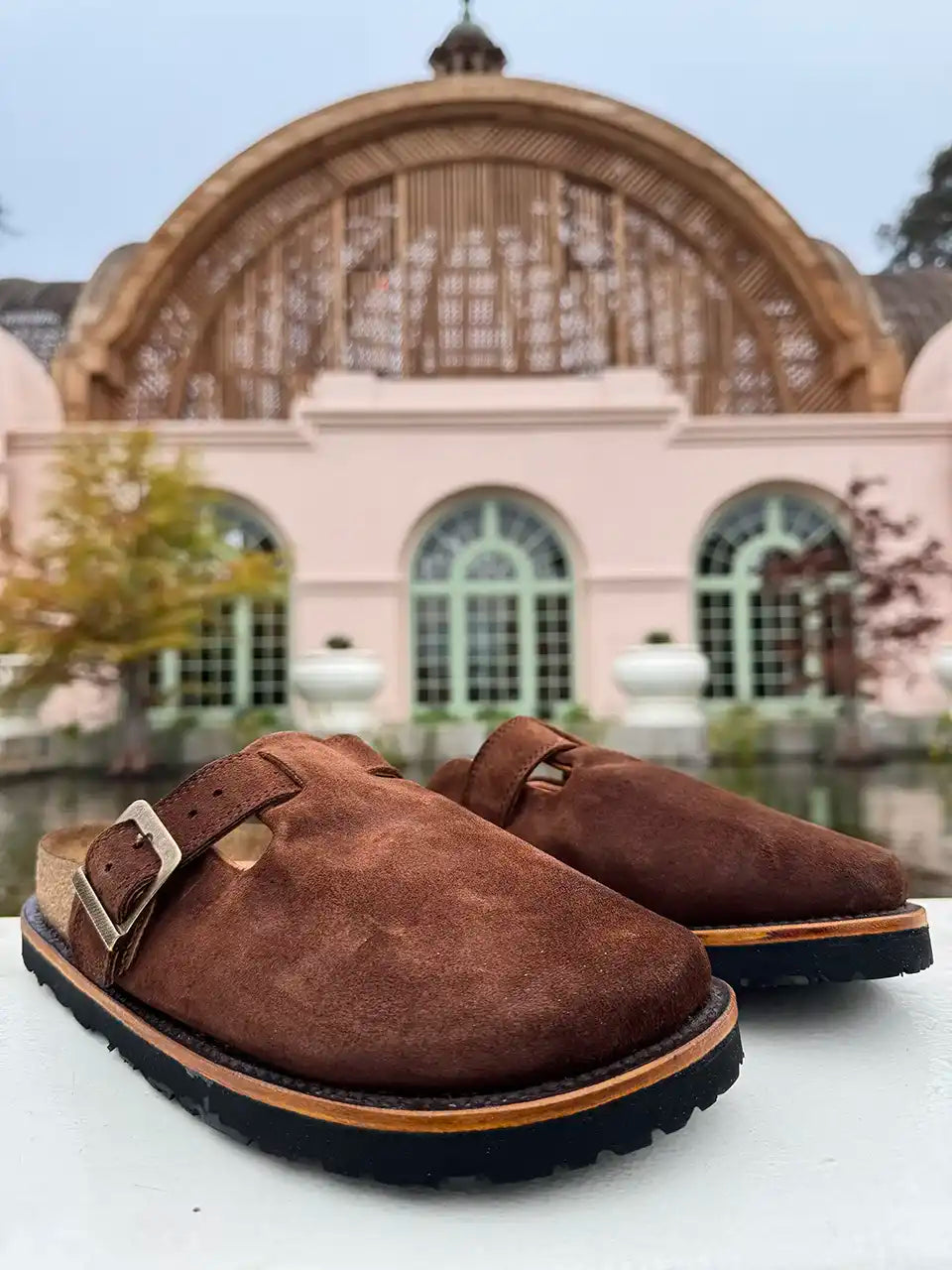 Botas Hasta La Muerte brown roughout cowhide clogs with cork footbed and Vibram sole handcrafted in León Mexico.