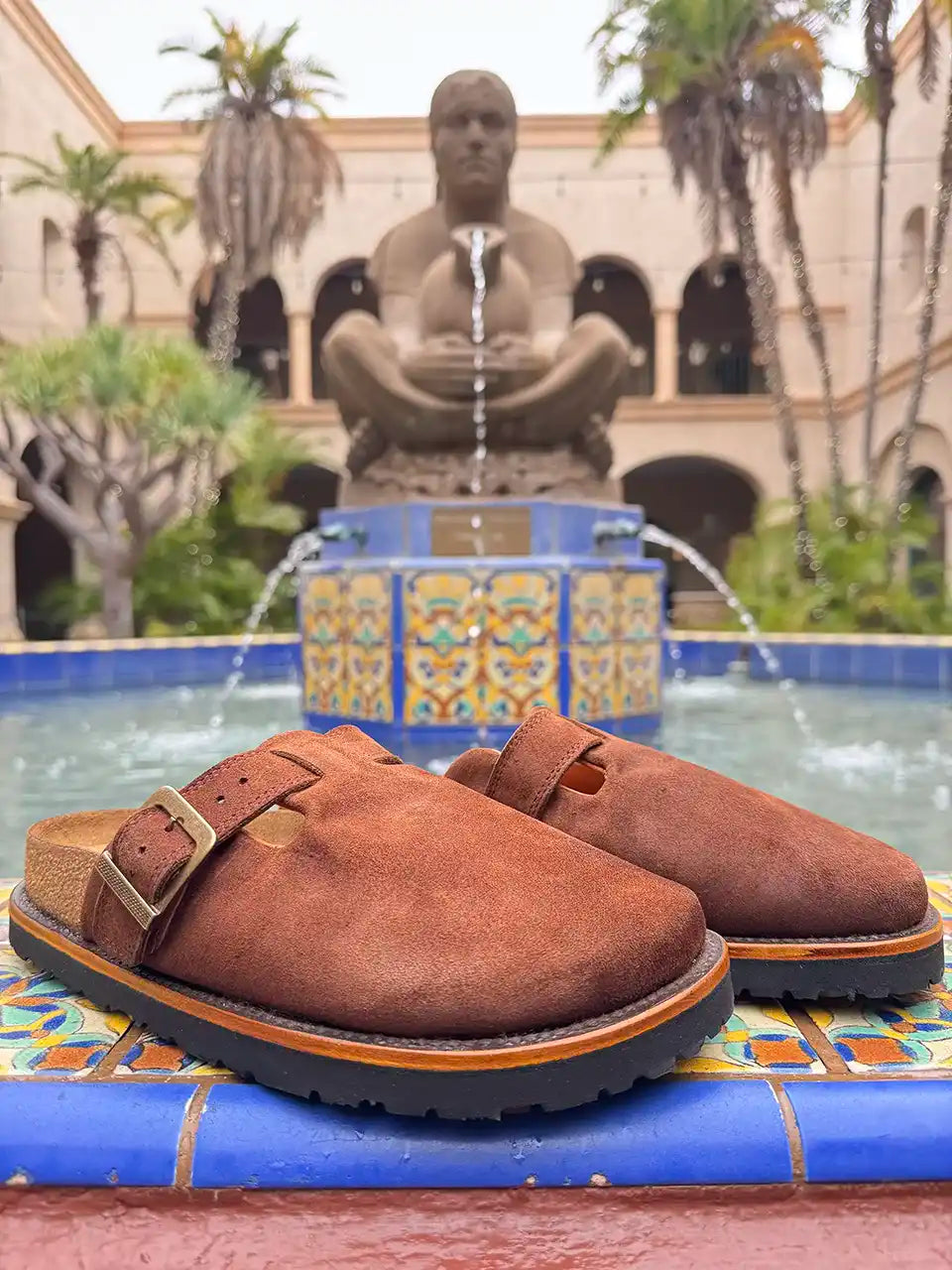 Botas Hasta La Muerte brown roughout cowhide clogs with cork footbed and Vibram sole handcrafted in León Mexico.