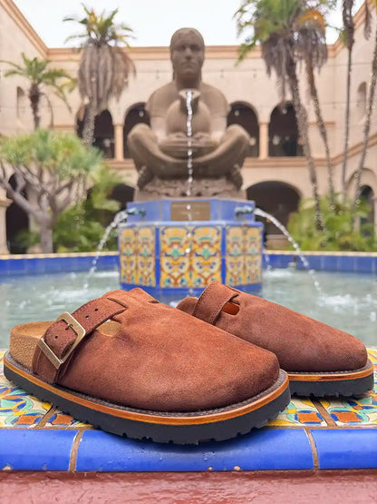 Botas Hasta La Muerte brown roughout cowhide clogs with cork footbed and Vibram sole handcrafted in León Mexico.