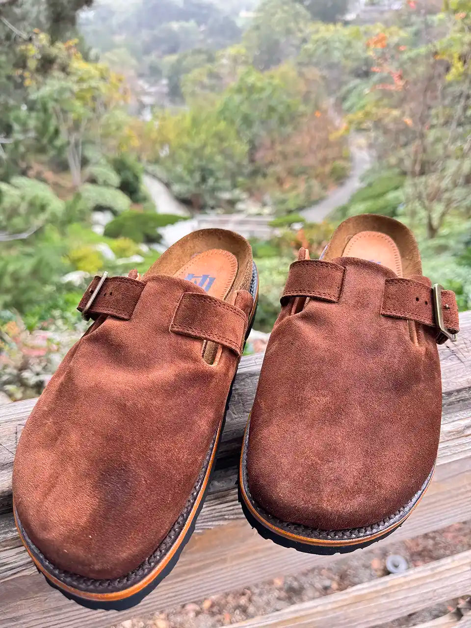 Botas Hasta La Muerte brown roughout cowhide clogs with cork footbed and Vibram sole handcrafted in León Mexico.