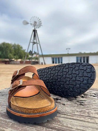 Botas Hasta La Muerte brown roughout cowhide huaraches with cork footbed and Vibram sole handcrafted in León Mexico.