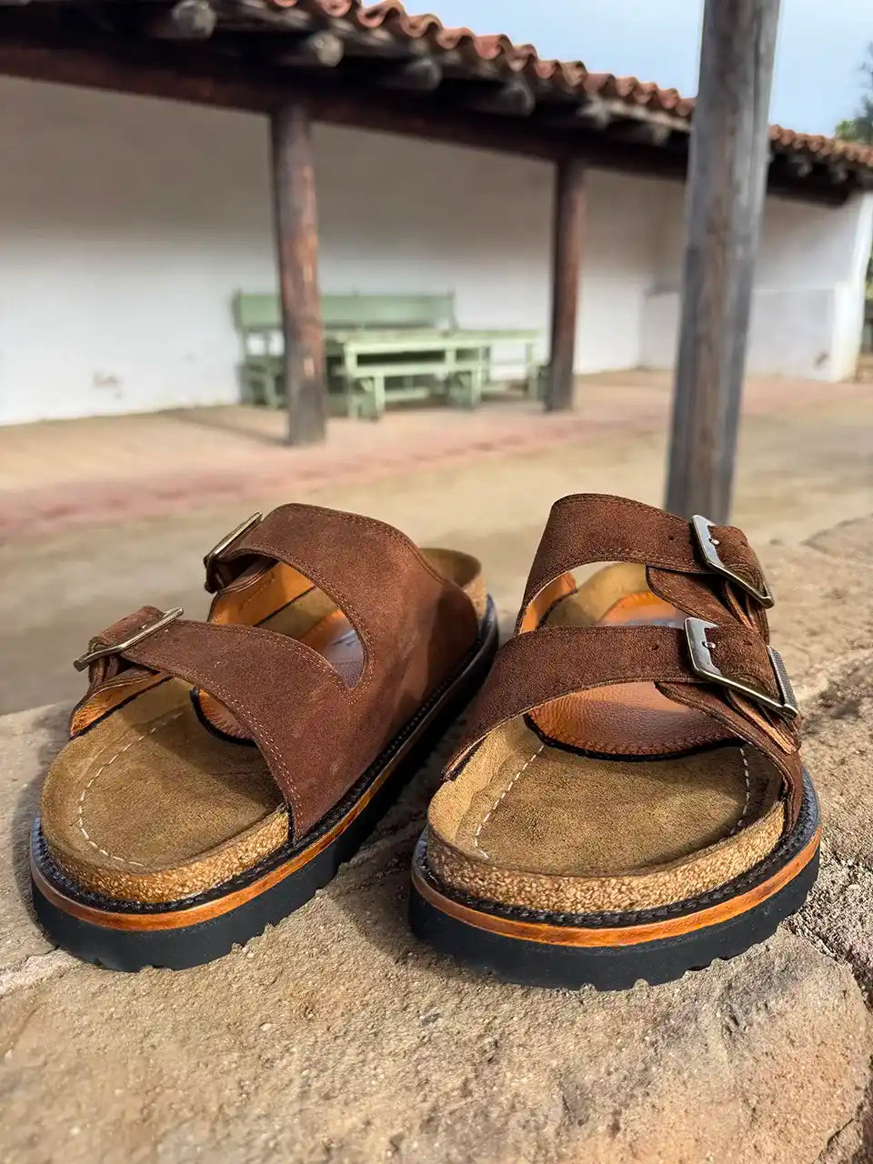 Botas Hasta La Muerte brown roughout cowhide huaraches with cork footbed and Vibram sole handcrafted in León Mexico.