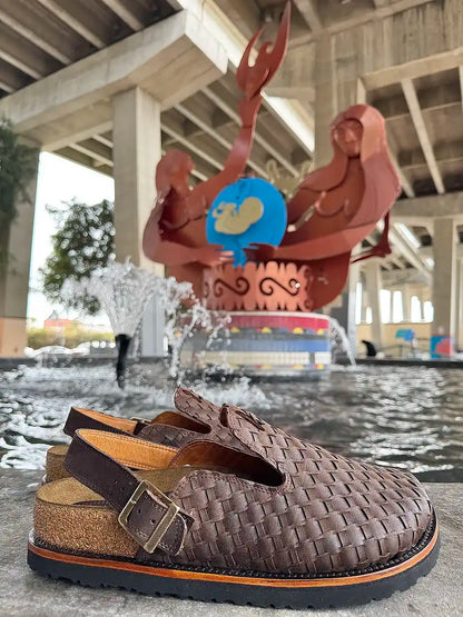 Botas Hasta La Muerte brown Petatillo clogs with swivel ankle straps, cork footbed and Vibram sole handcrafted in León Mexico.