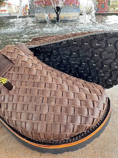 Botas Hasta La Muerte brown Petatillo clogs with swivel ankle straps, cork footbed and Vibram sole handcrafted in León Mexico.