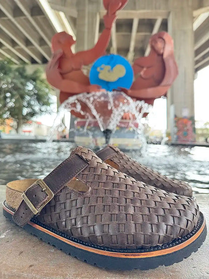 Botas Hasta La Muerte brown Petatillo clogs with swivel ankle straps, cork footbed and Vibram sole handcrafted in León Mexico.