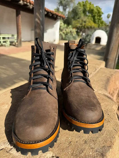 Botas Hasta La Muerte brown oil tanned leather lace up boots with Goodyear welt and lug soles handcrafted in León Mexico.