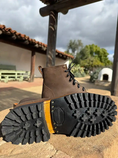 Botas Hasta La Muerte brown oil tanned leather lace up boots with Goodyear welt and lug soles handcrafted in León Mexico.