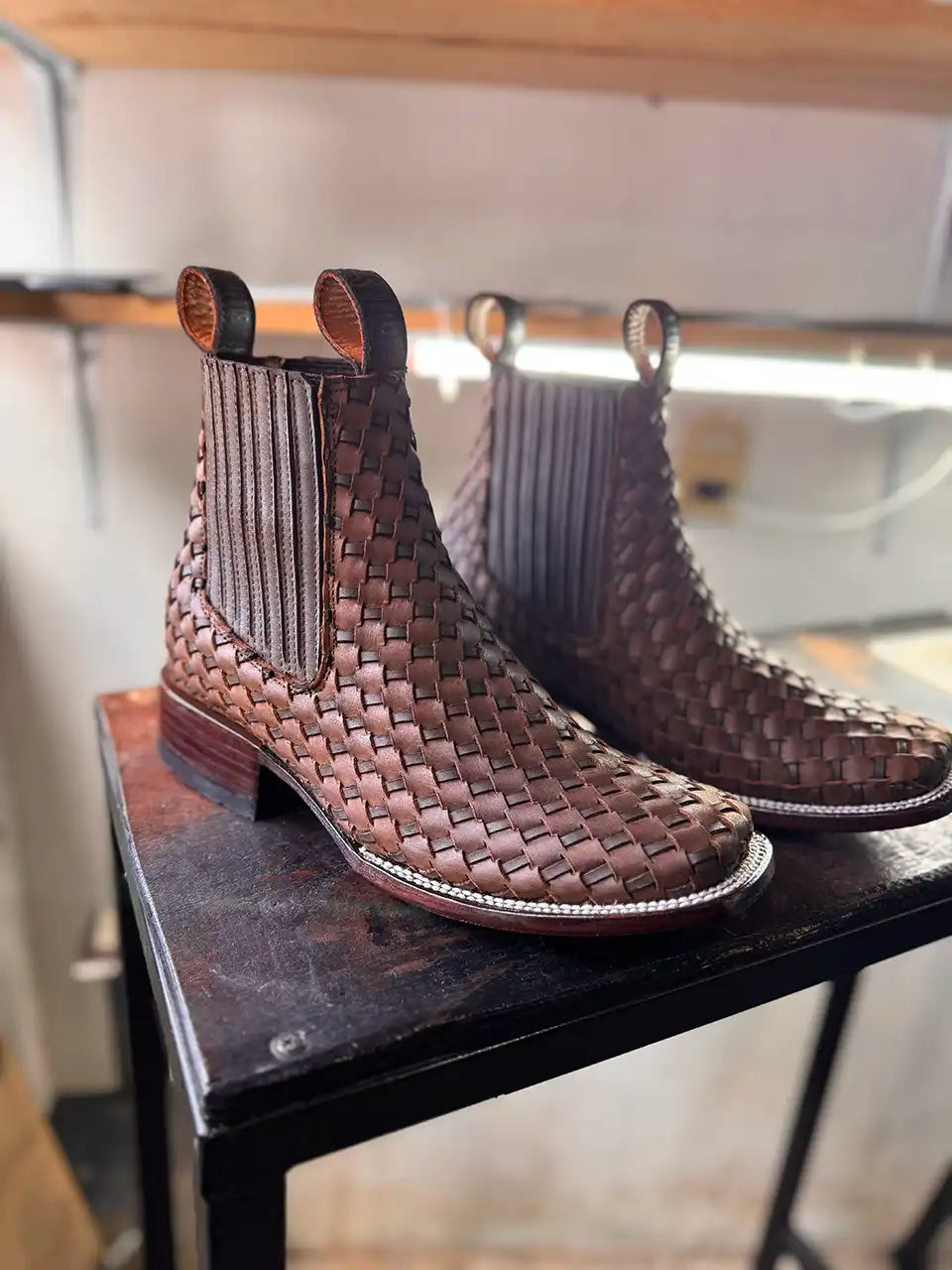 Botas Hasta La Muerte square toe Petatillo Chelsea boots with hand woven leather uppers handcrafted in León Mexico.