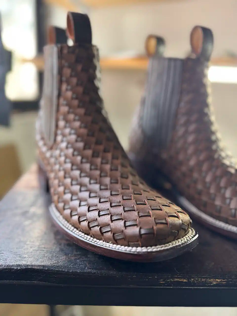 Botas Hasta La Muerte square toe Petatillo Chelsea boots with hand woven leather uppers handcrafted in León Mexico.