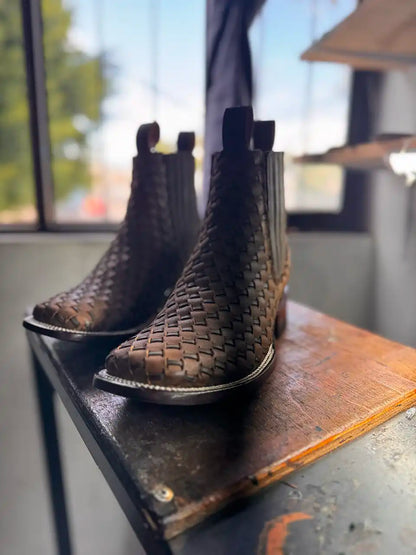 Botas Hasta La Muerte square toe Petatillo Chelsea boots with hand woven leather uppers handcrafted in León Mexico.