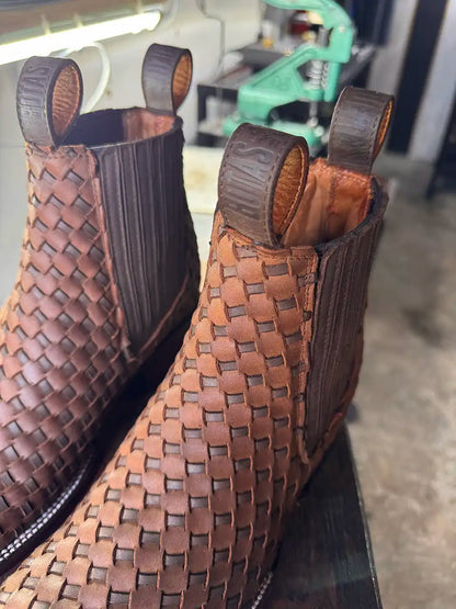 Botas Hasta La Muerte square toe Petatillo Chelsea boots with hand woven leather uppers handcrafted in León Mexico.